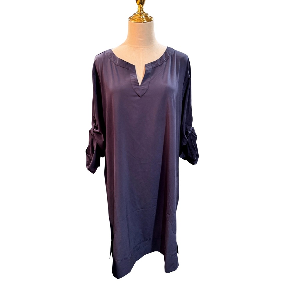 L L Bean XL Regular Navy V Neck Roll Tab Sleeve Tunic Dress lightweight‎